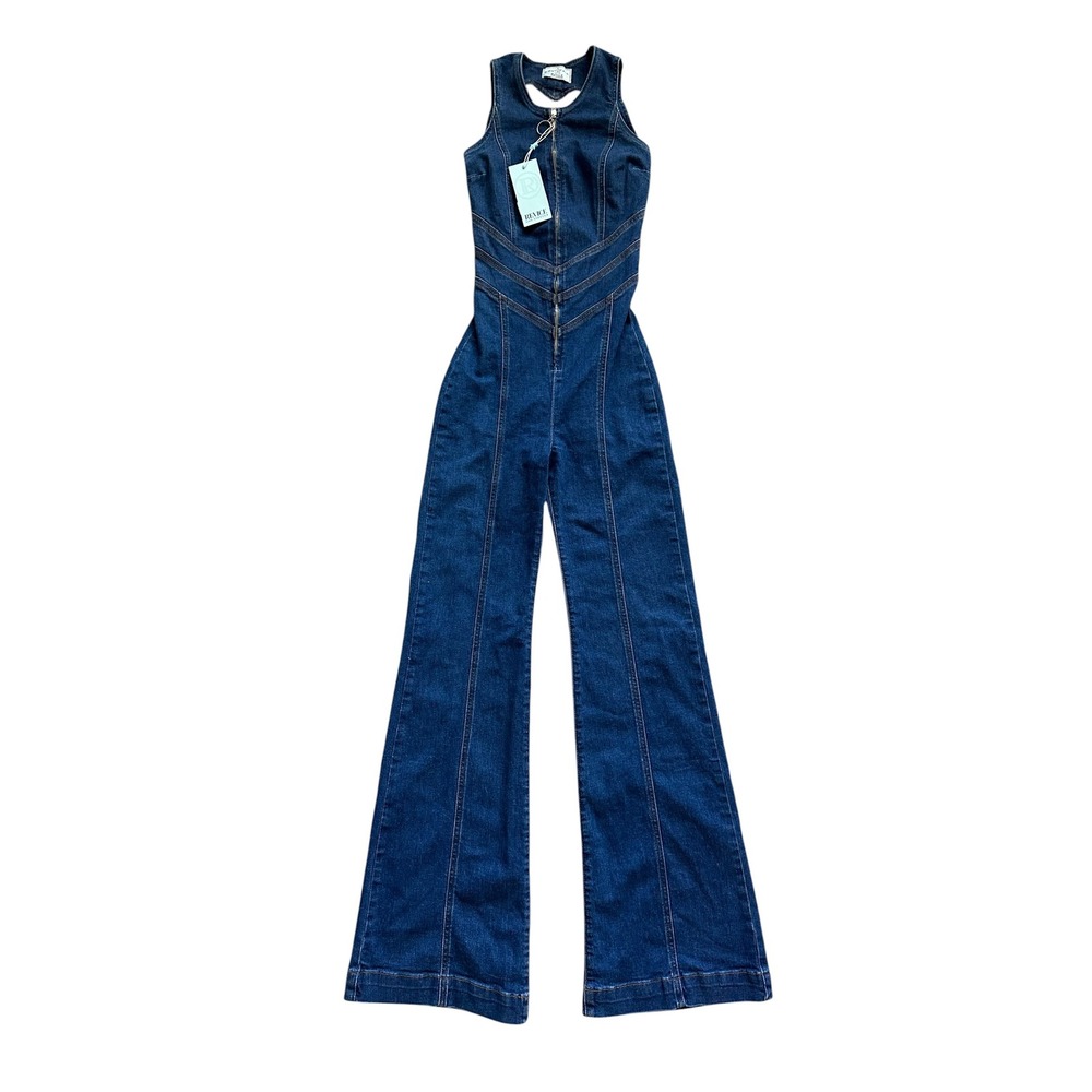 Retro Revice Hollywood Hearthrob Denim Heart Cutout Flare Jumpsuit S Dark Wash - Picture 3 of 9